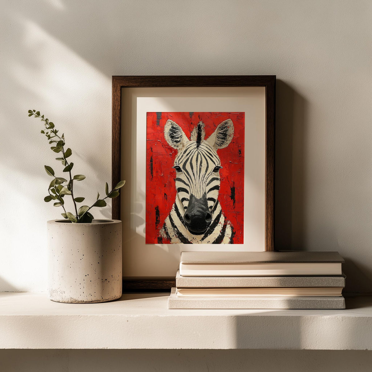 Zebra Red animal art print shown in a room setting
