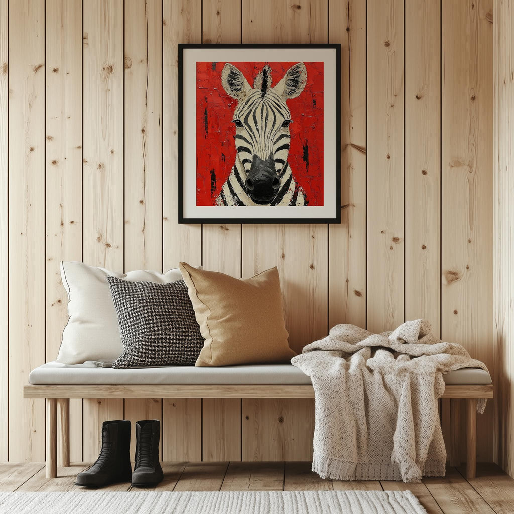 Zebra Red animal art print shown in a room setting