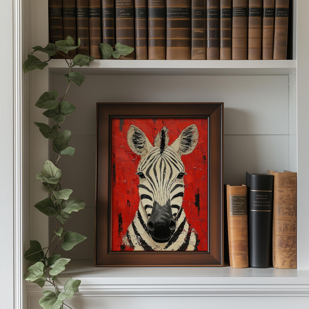 Zebra Red animal art print shown in a room setting