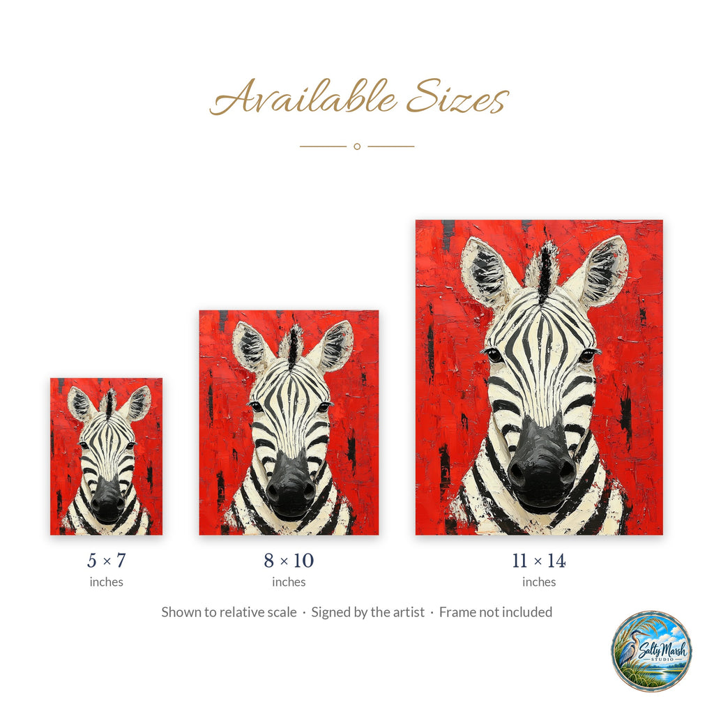 Zebra Red art print size guide: 5x7, 8x10 and 11x14