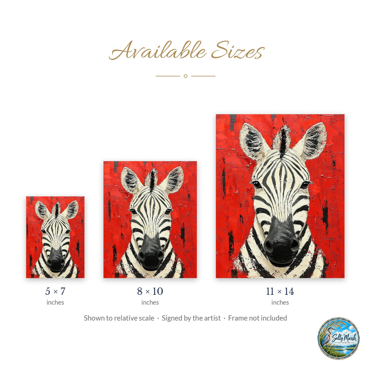 Zebra Red art print size guide: 5x7, 8x10 and 11x14