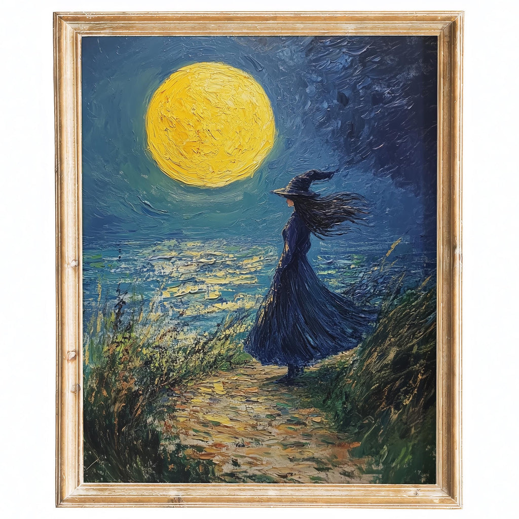 Moonlit Shore Witch Halloween art print framed