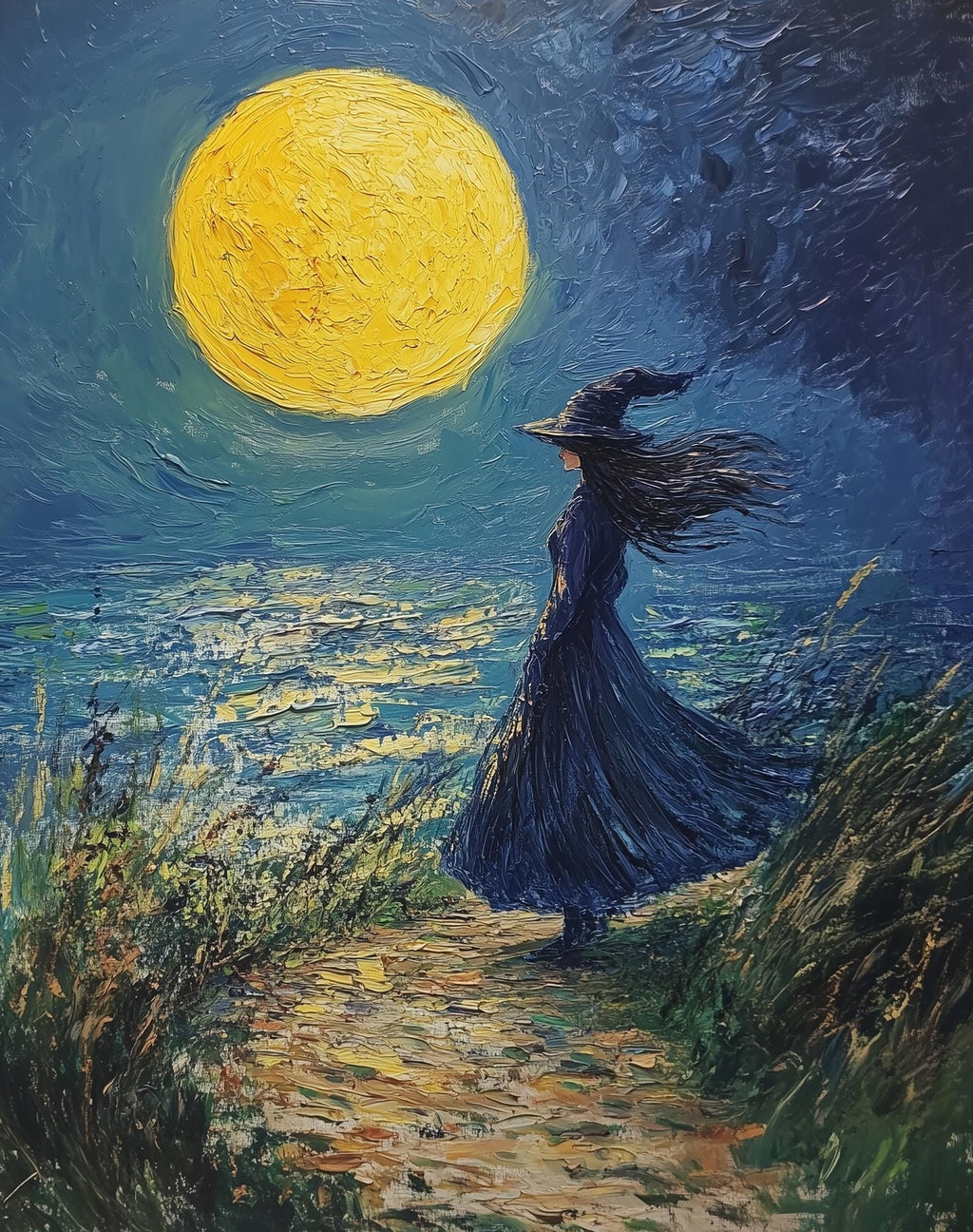 Moonlit Shore Witch Halloween art print unframed, signed by Pattie Overcash