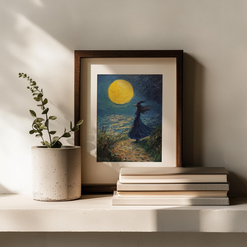 Moonlit Shore Witch Halloween art print shown in a room setting