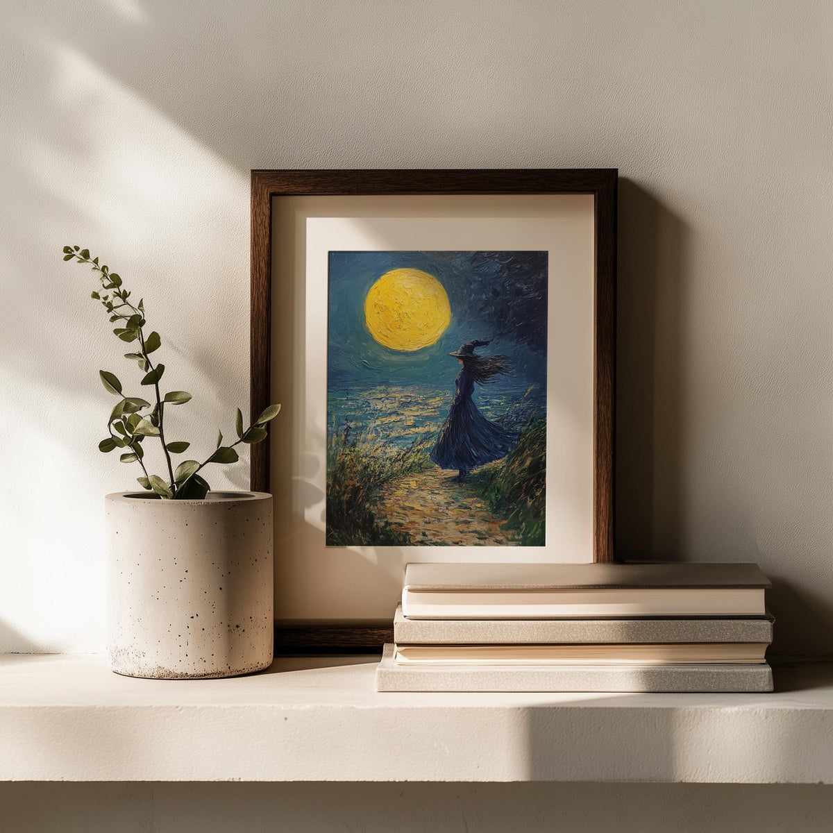 Moonlit Shore Witch Halloween art print shown in a room setting