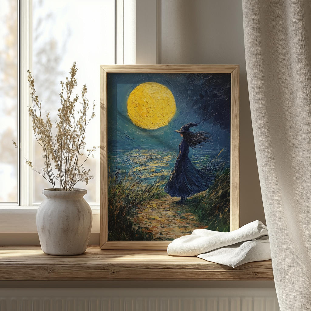 Moonlit Shore Witch Halloween art print shown in a room setting
