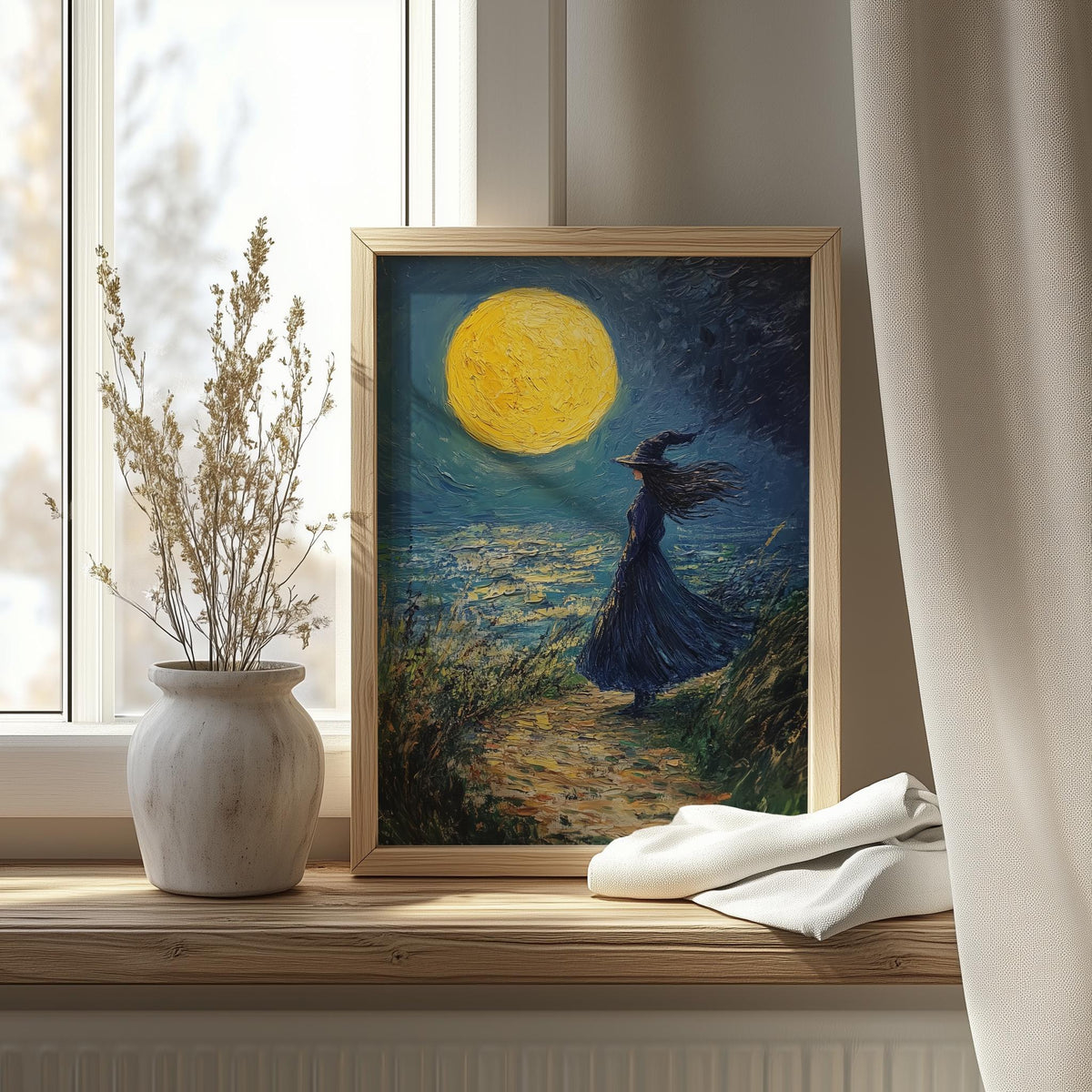 Moonlit Shore Witch Halloween art print shown in a room setting