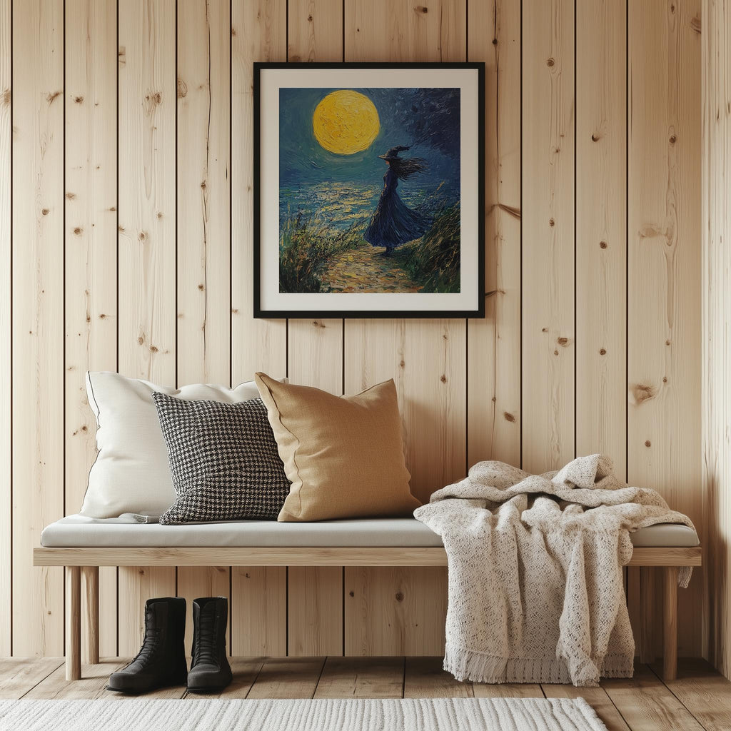 Moonlit Shore Witch Halloween art print shown in a room setting