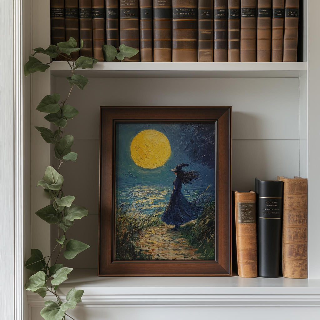 Moonlit Shore Witch Halloween art print shown in a room setting