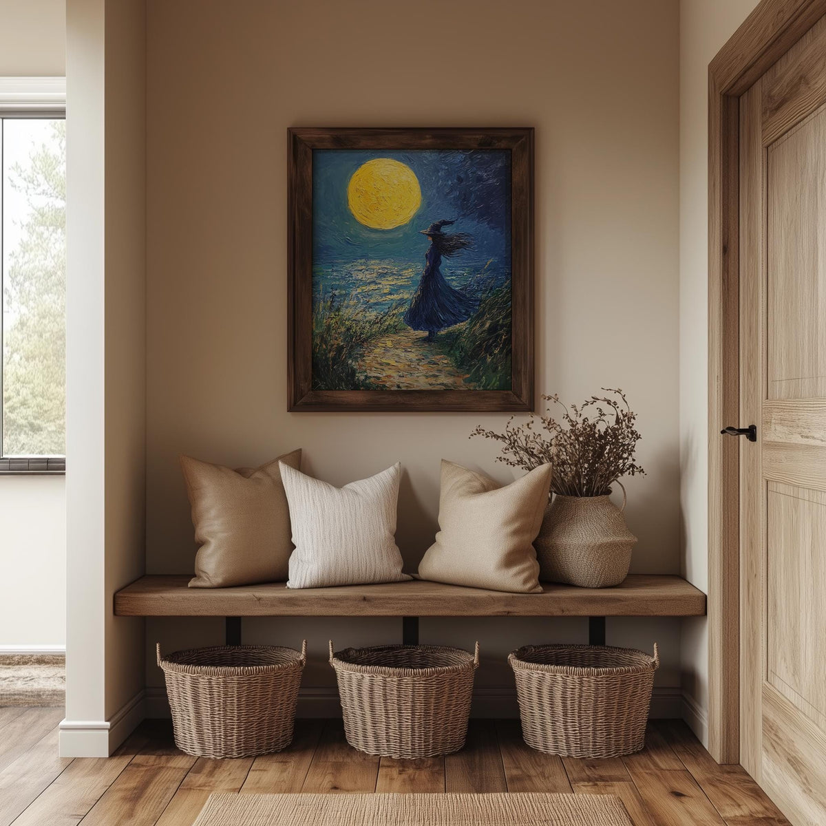 Moonlit Shore Witch Halloween art print shown in a room setting