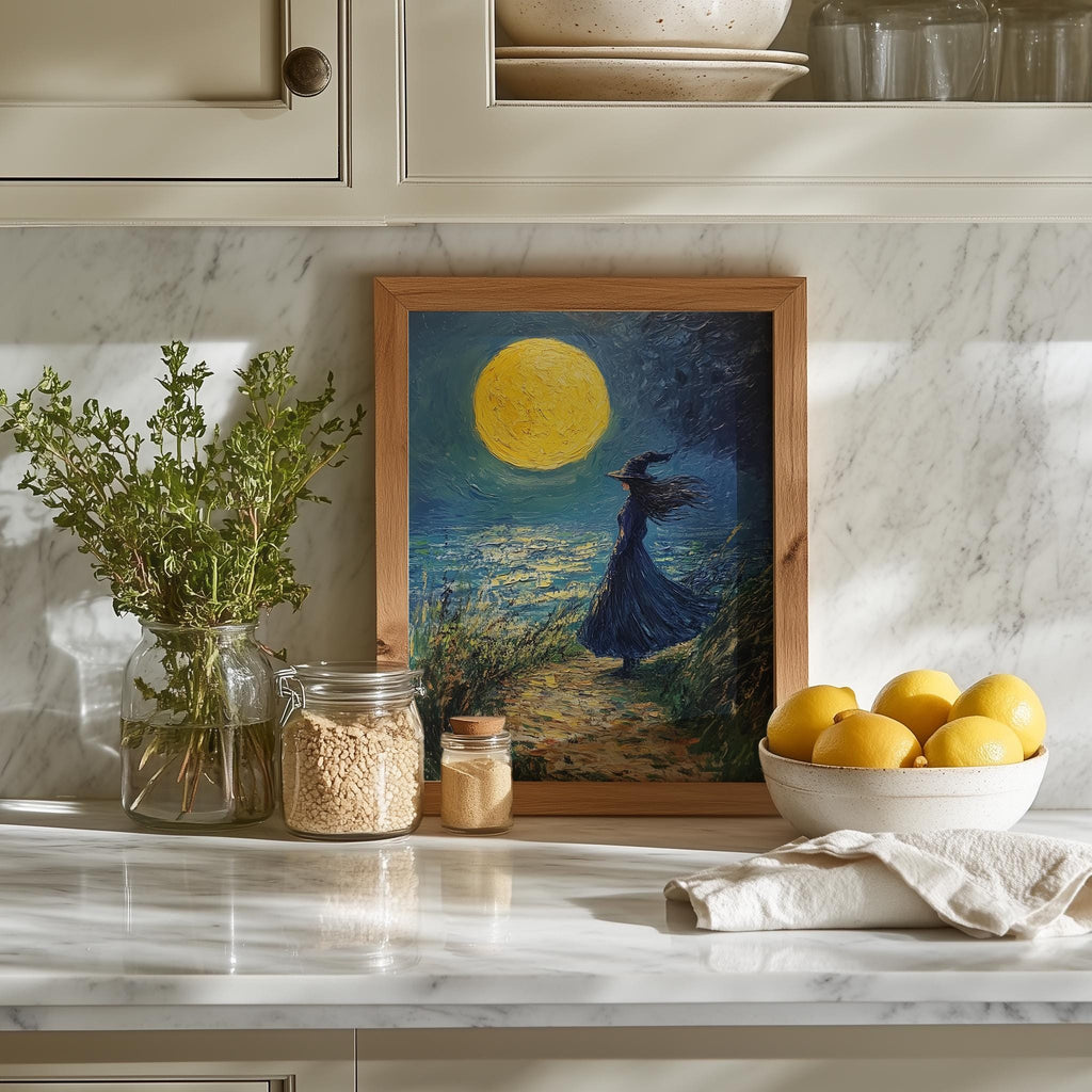 Moonlit Shore Witch Halloween art print shown in a room setting