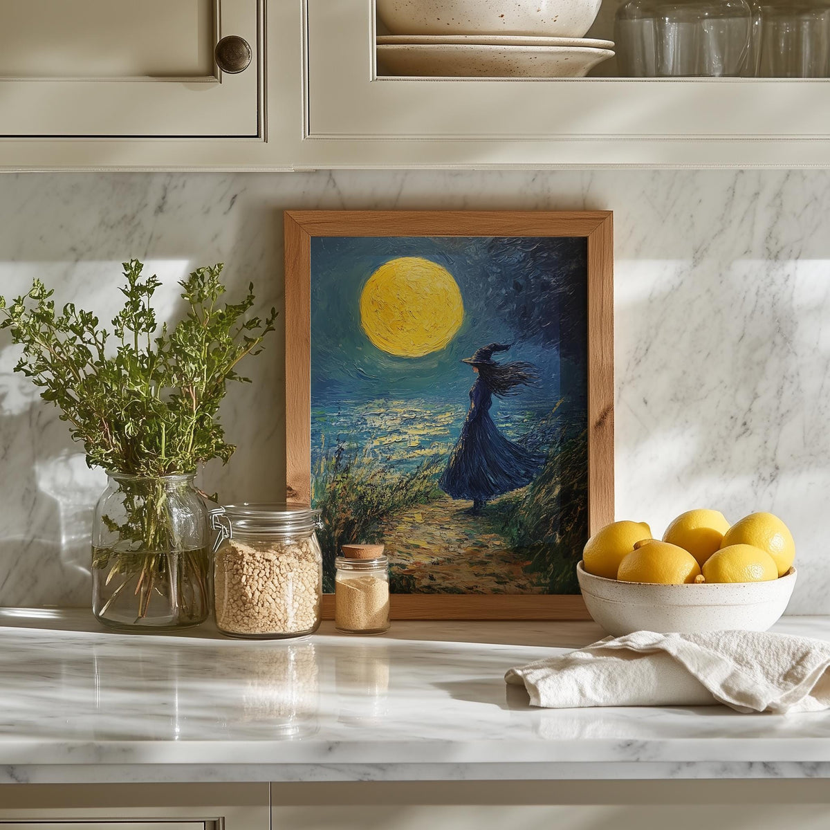 Moonlit Shore Witch Halloween art print shown in a room setting