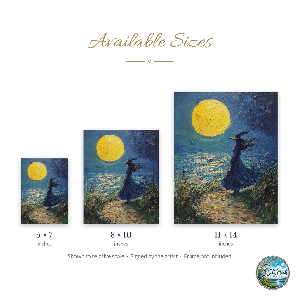 Moonlit Shore Witch art print size guide: 5x7, 8x10 and 11x14