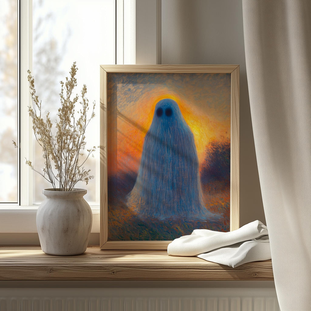Sunset Ghost Halloween art print shown in a room setting