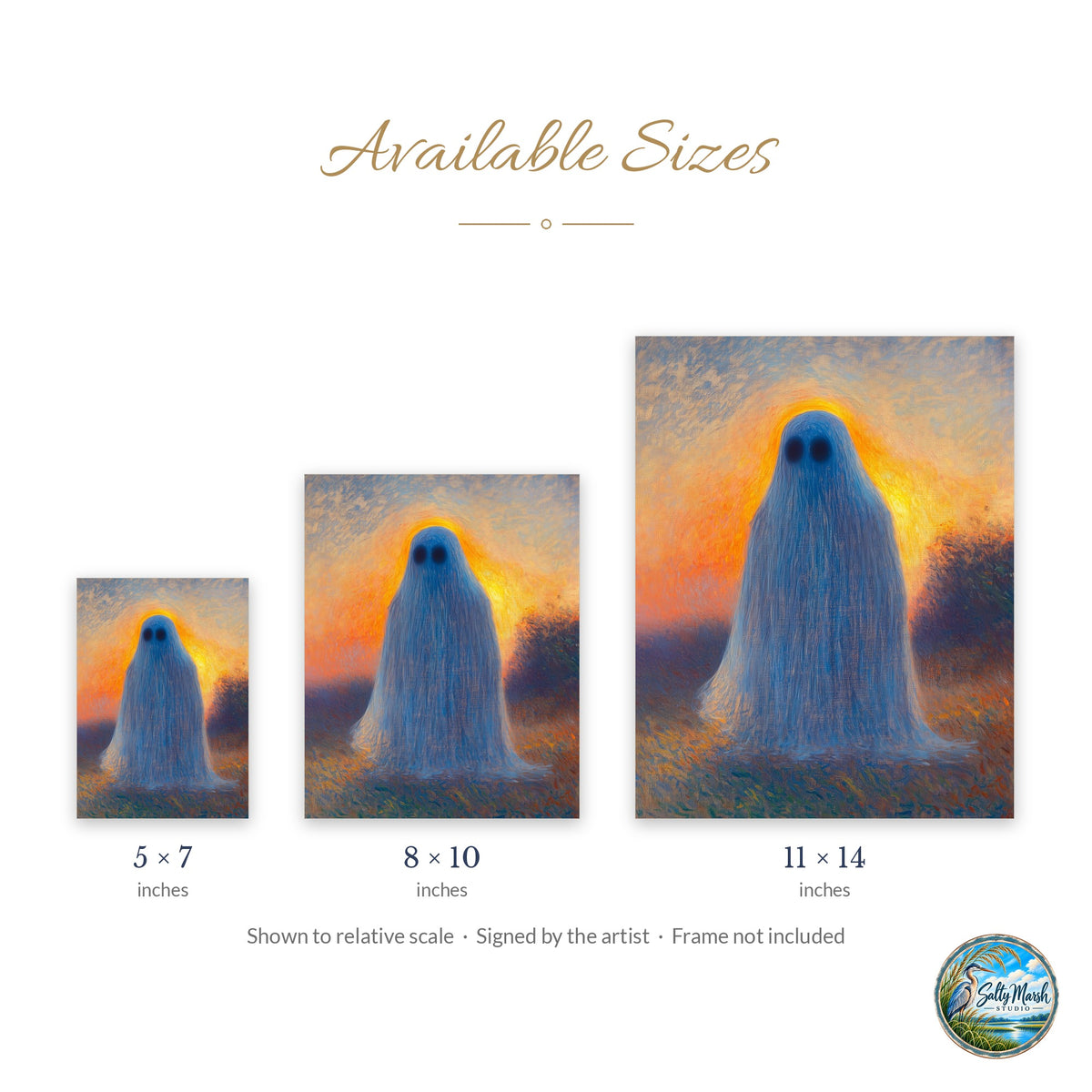 Sunset Ghost art print size guide: 5x7, 8x10 and 11x14