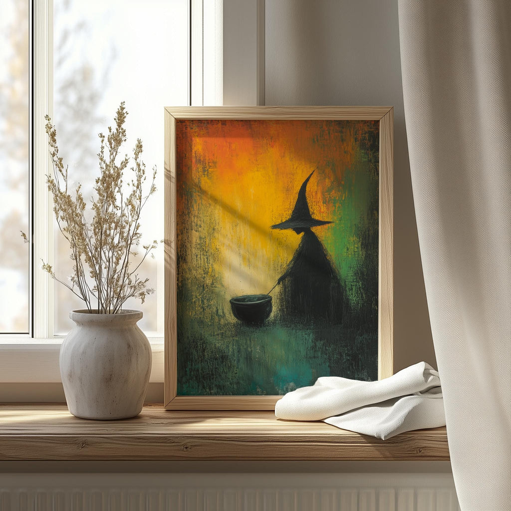Cauldron Witch Halloween art print shown in a room setting