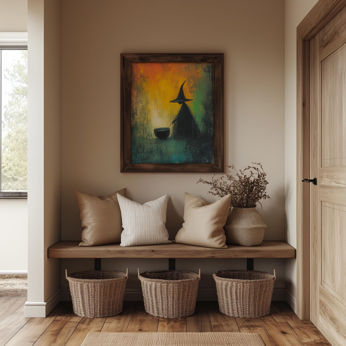 Cauldron Witch Halloween art print shown in a room setting