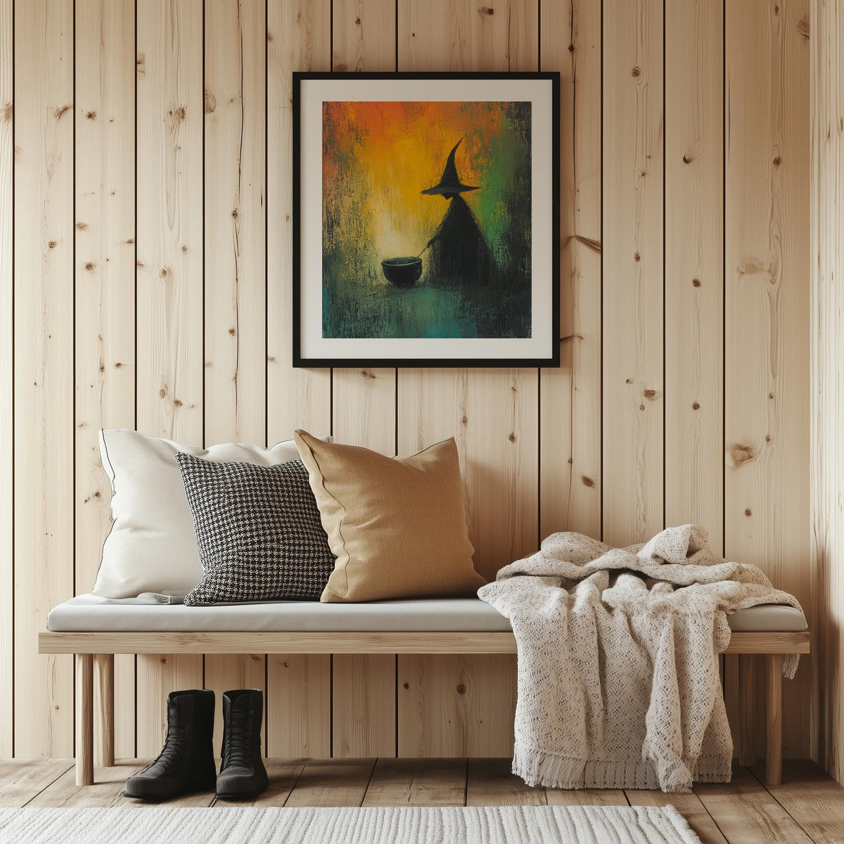 Cauldron Witch Halloween art print shown in a room setting