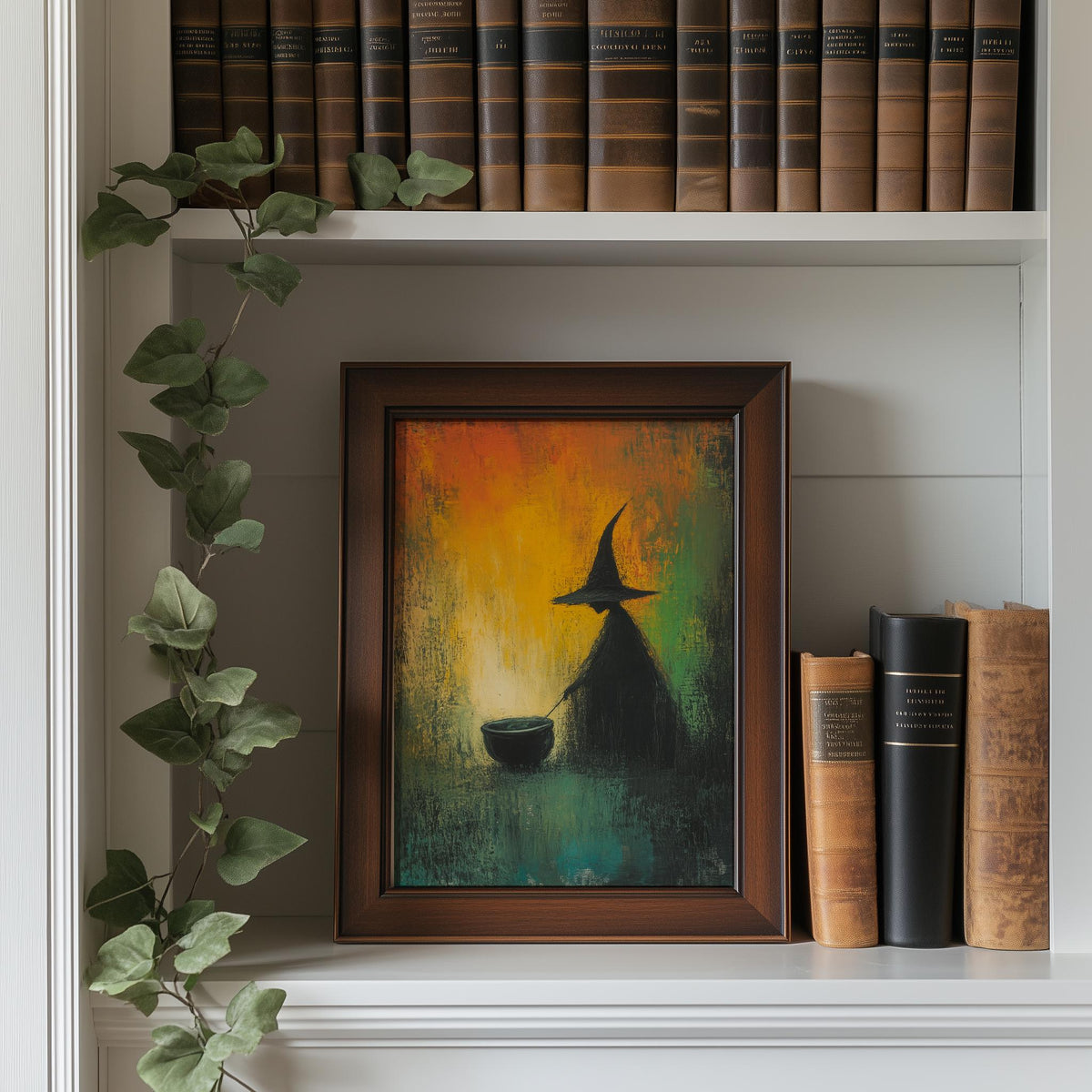 Cauldron Witch Halloween art print shown in a room setting