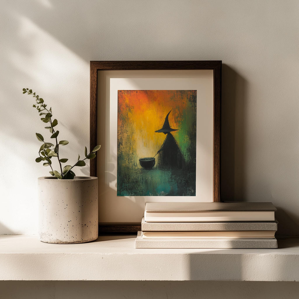 Cauldron Witch Halloween art print shown in a room setting