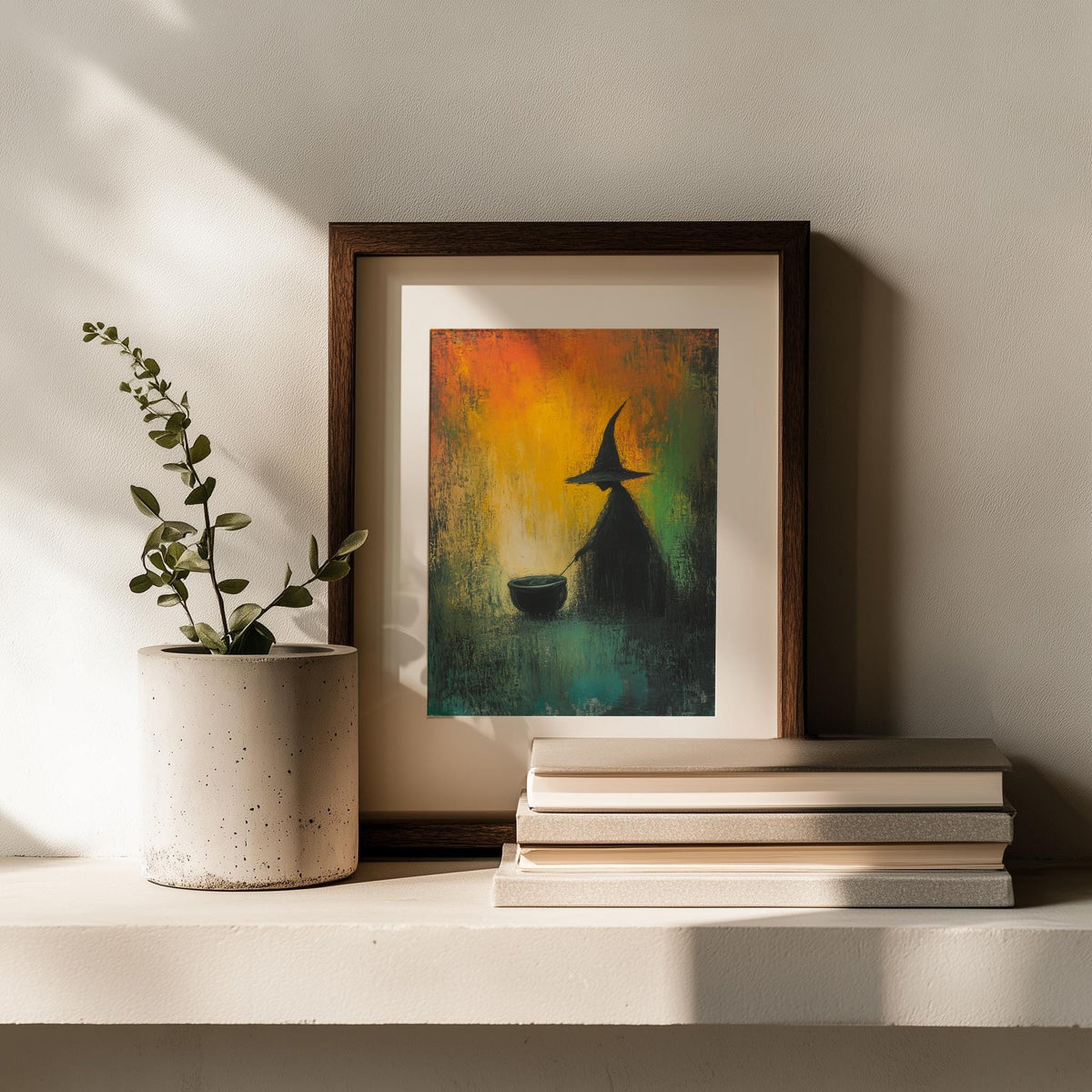 Cauldron Witch Halloween art print shown in a room setting
