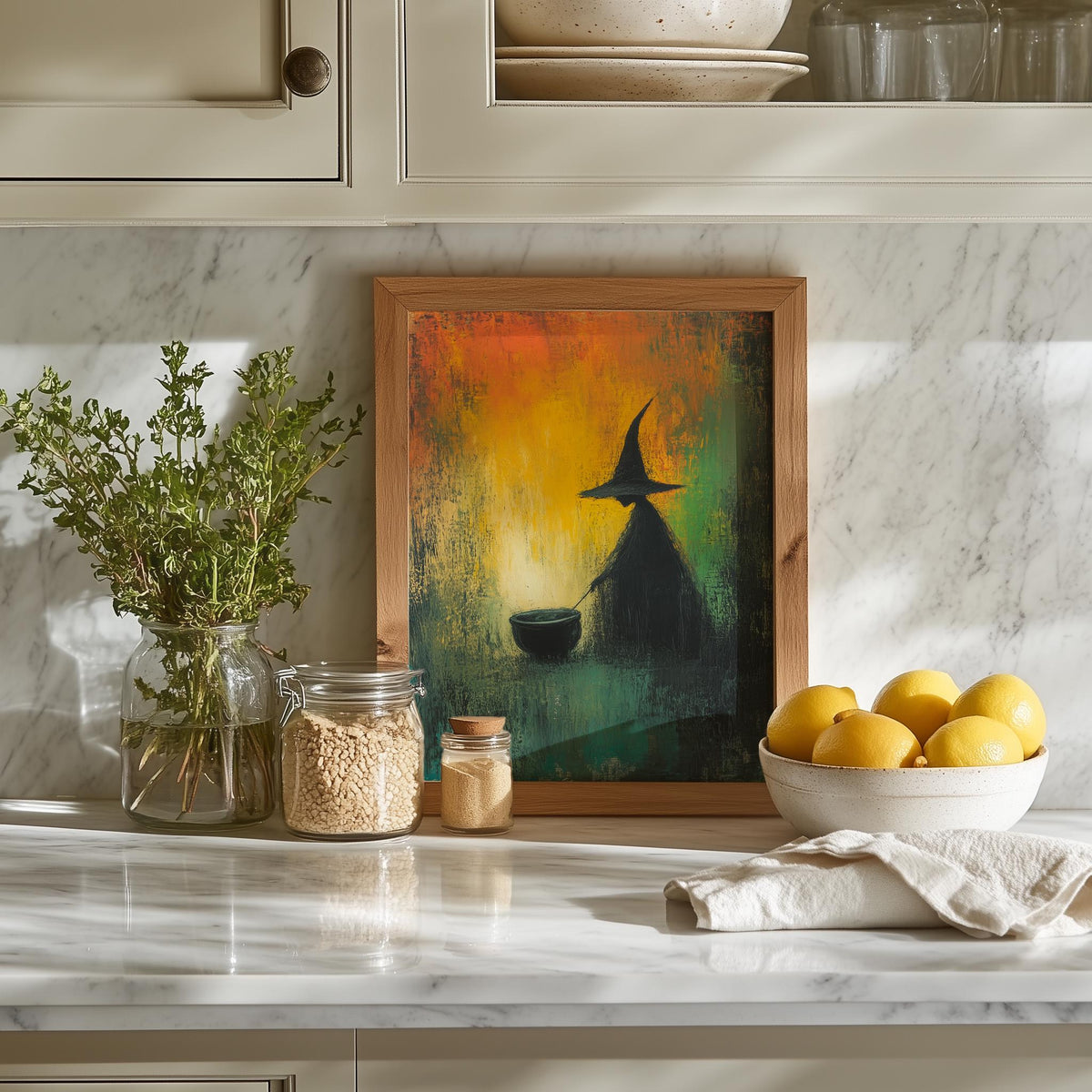 Cauldron Witch Halloween art print shown in a room setting