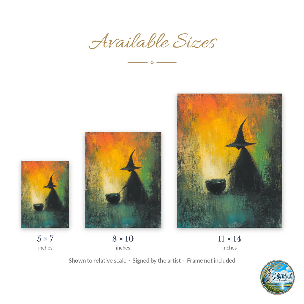 Cauldron Witch art print size guide: 5x7, 8x10 and 11x14