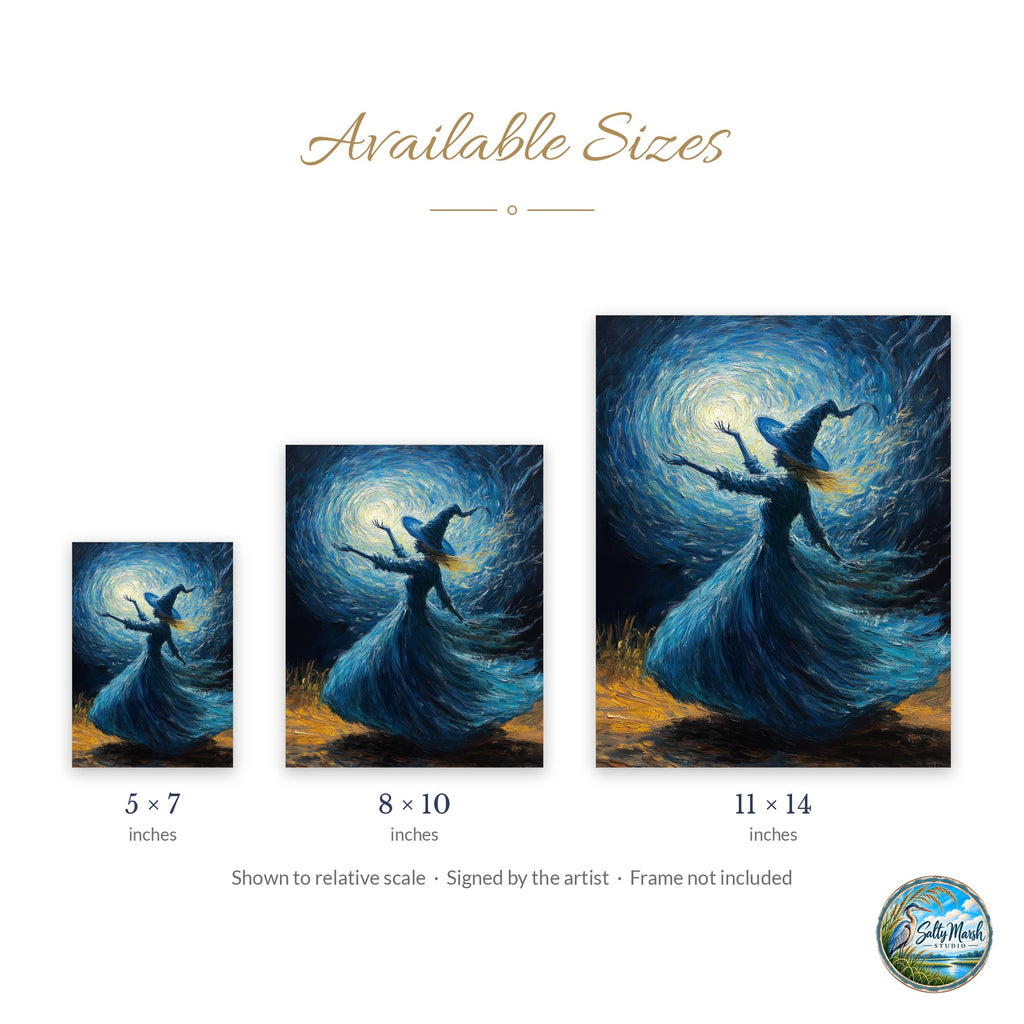 Spellcaster Witch art print size guide: 5x7, 8x10 and 11x14