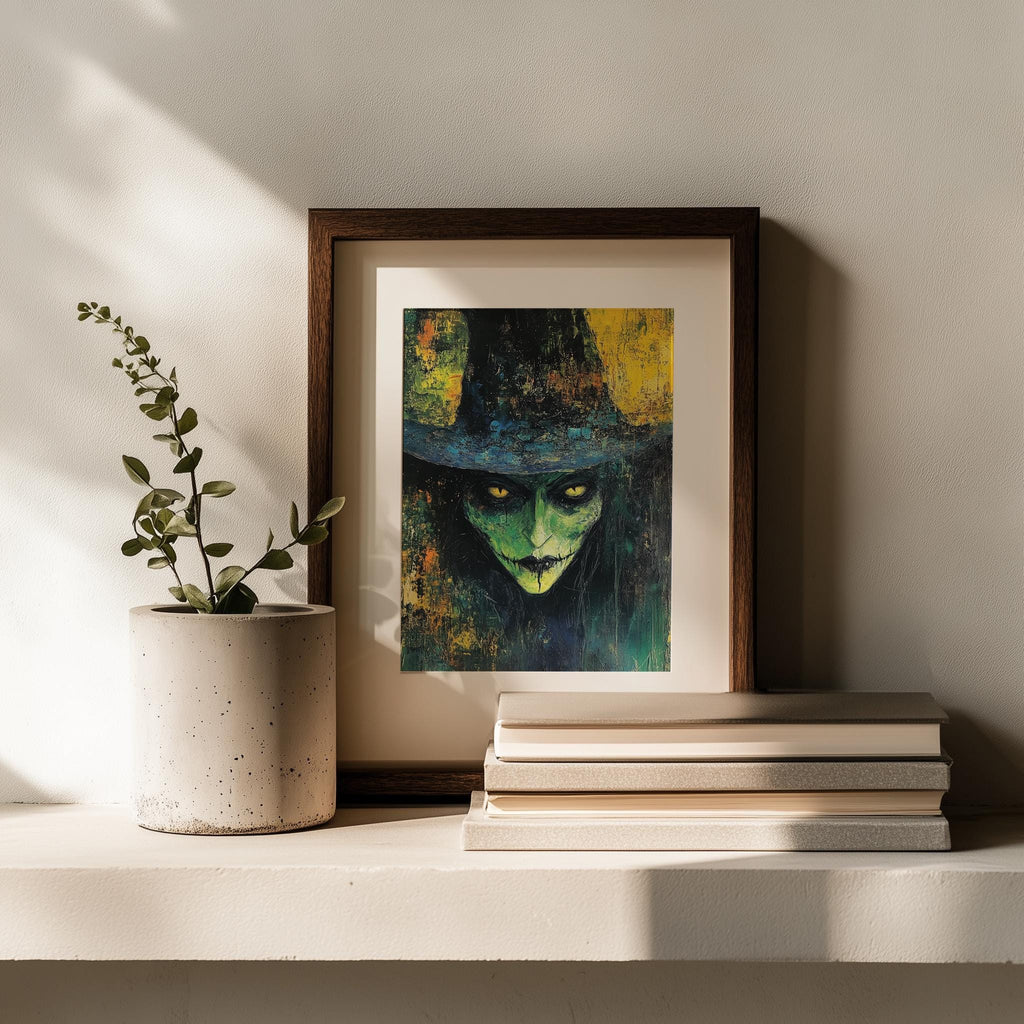 Green Witch Portrait Halloween art print shown in a room setting