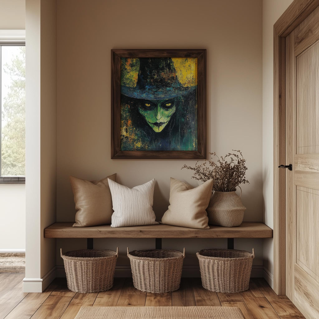 Green Witch Portrait Halloween art print shown in a room setting