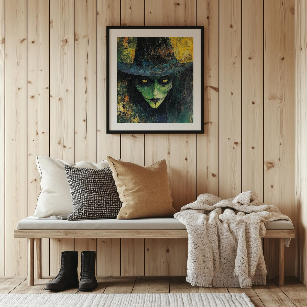 Green Witch Portrait Halloween art print shown in a room setting