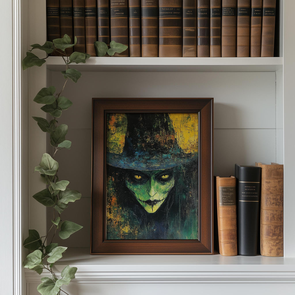 Green Witch Portrait Halloween art print shown in a room setting