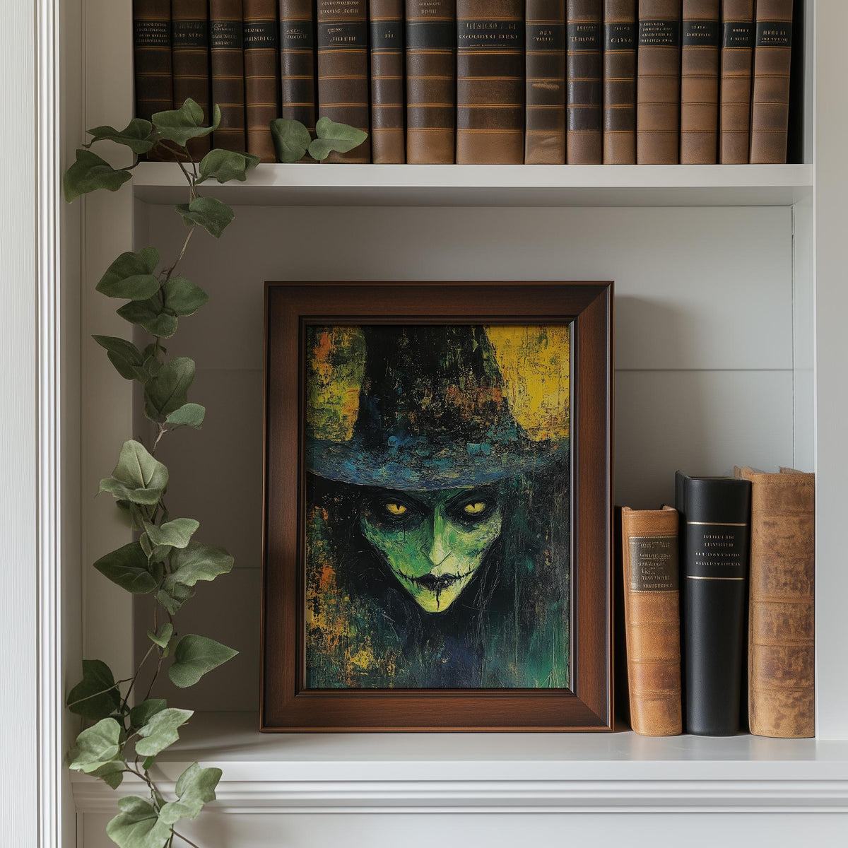 Green Witch Portrait Halloween art print shown in a room setting