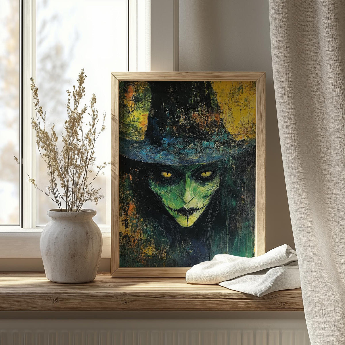 Green Witch Portrait Halloween art print shown in a room setting