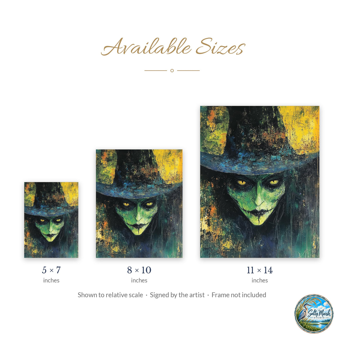 Green Witch Portrait art print size guide: 5x7, 8x10 and 11x14