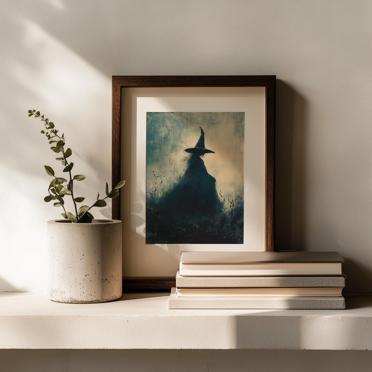 Misty Witch Halloween art print shown in a room setting