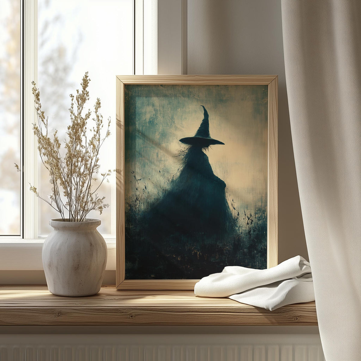 Misty Witch Halloween art print shown in a room setting
