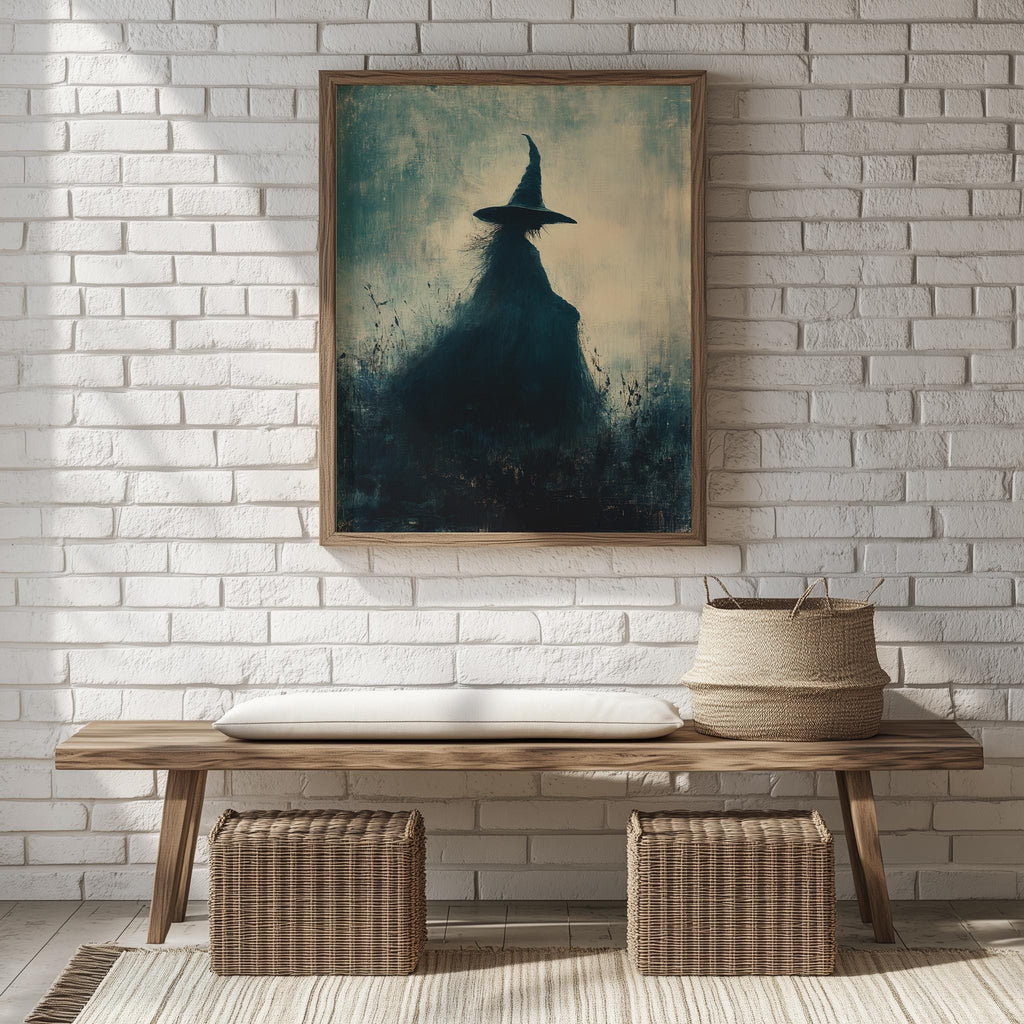 Misty Witch Halloween art print shown in a room setting