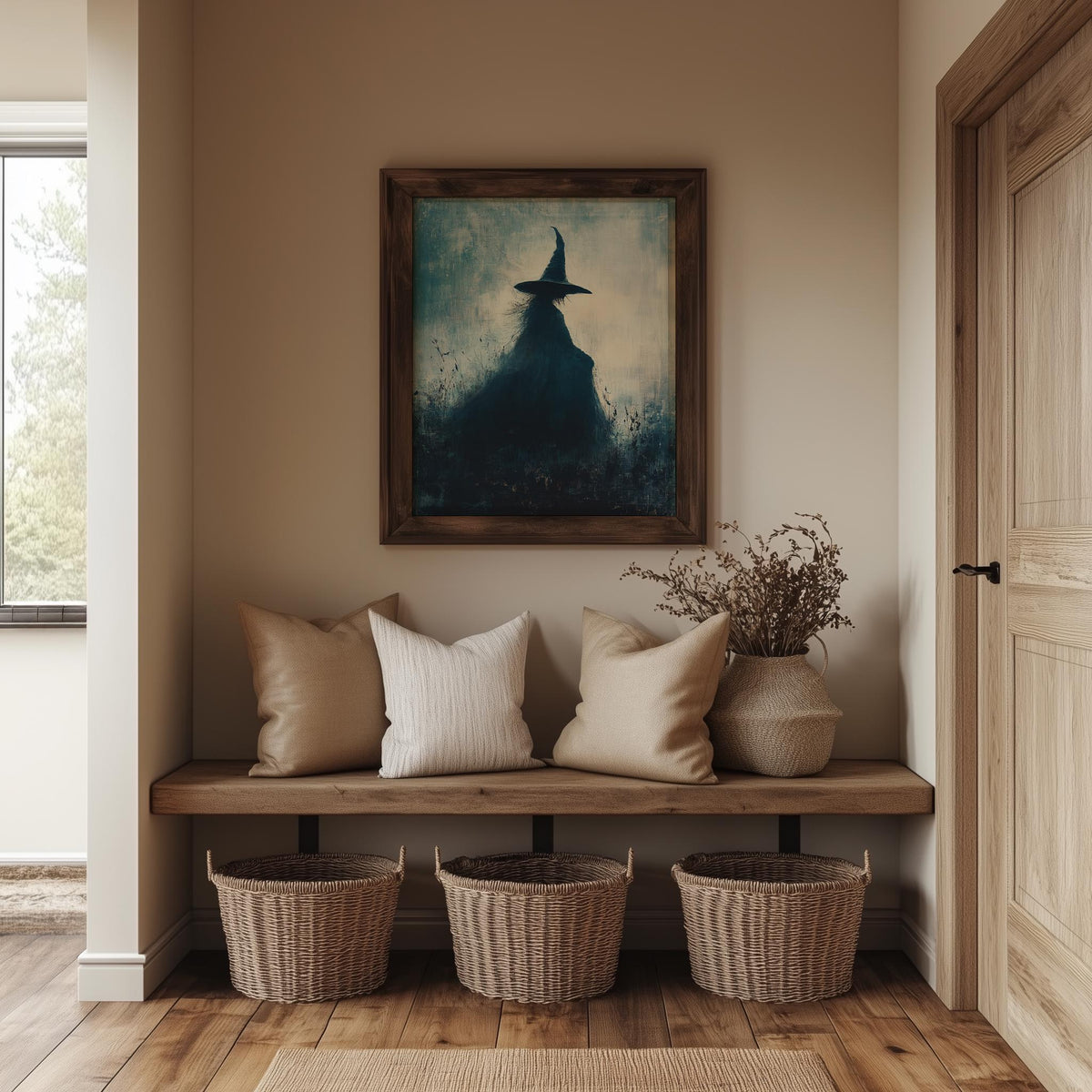 Misty Witch Halloween art print shown in a room setting