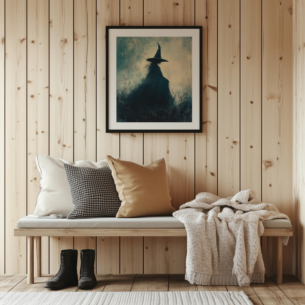 Misty Witch Halloween art print shown in a room setting
