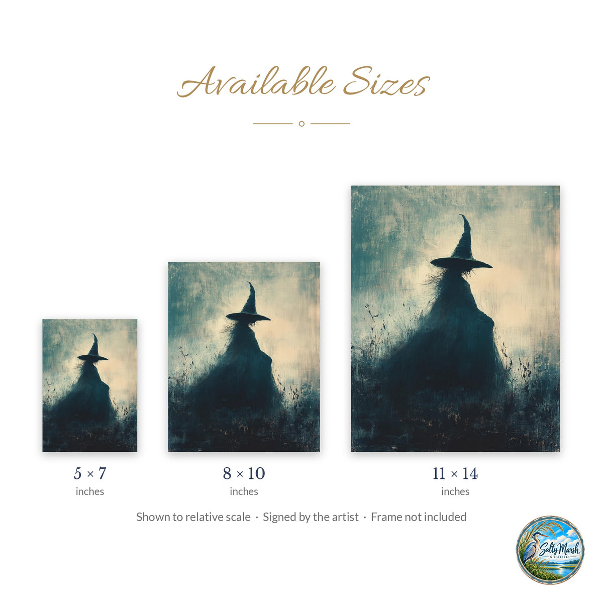 Misty Witch art print size guide: 5x7, 8x10 and 11x14