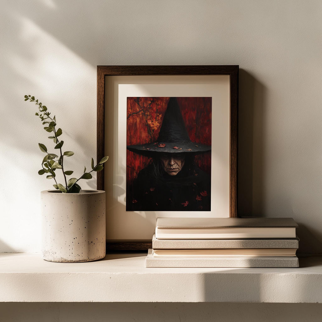 Gothic Witch Portrait Halloween art print shown in a room setting