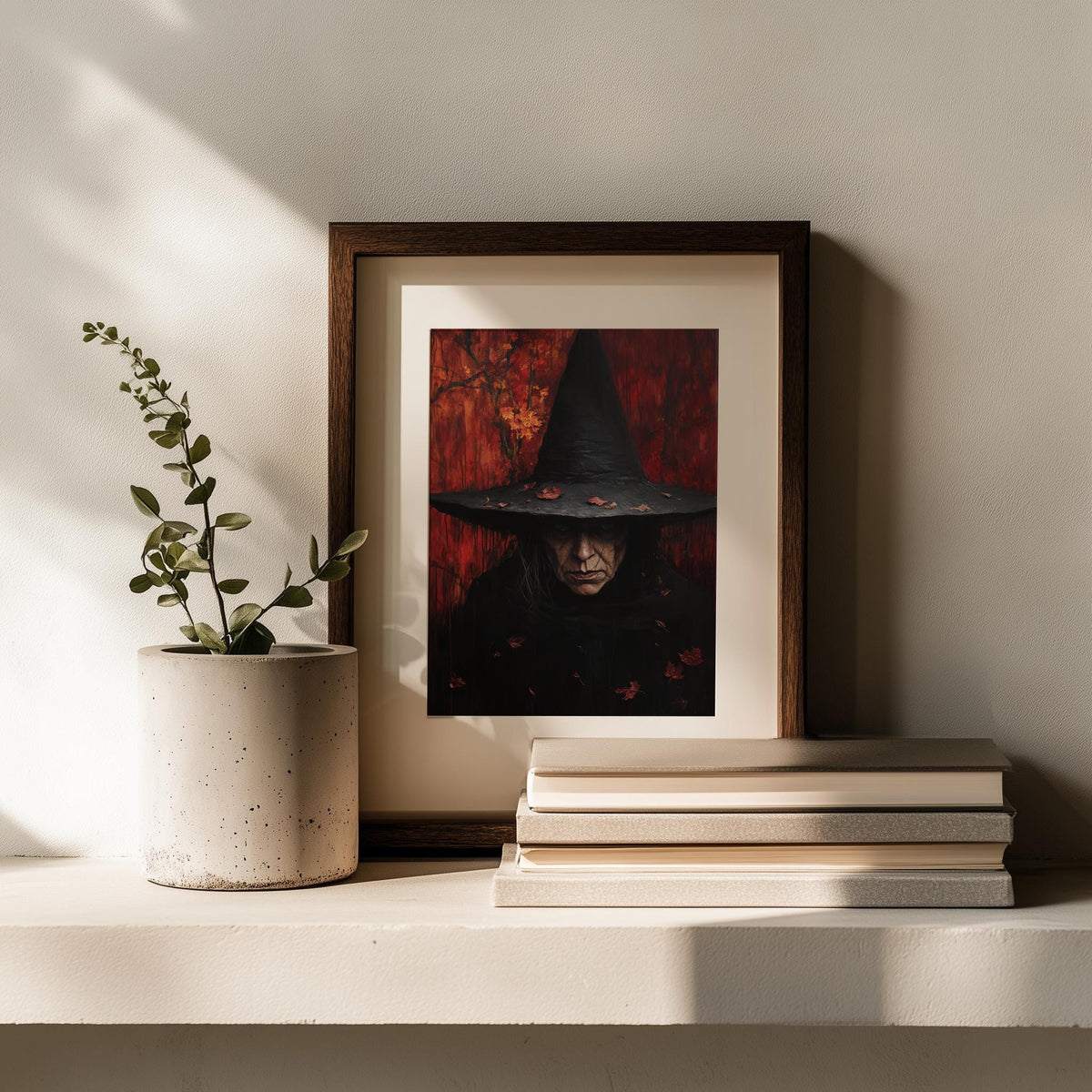 Gothic Witch Portrait Halloween art print shown in a room setting