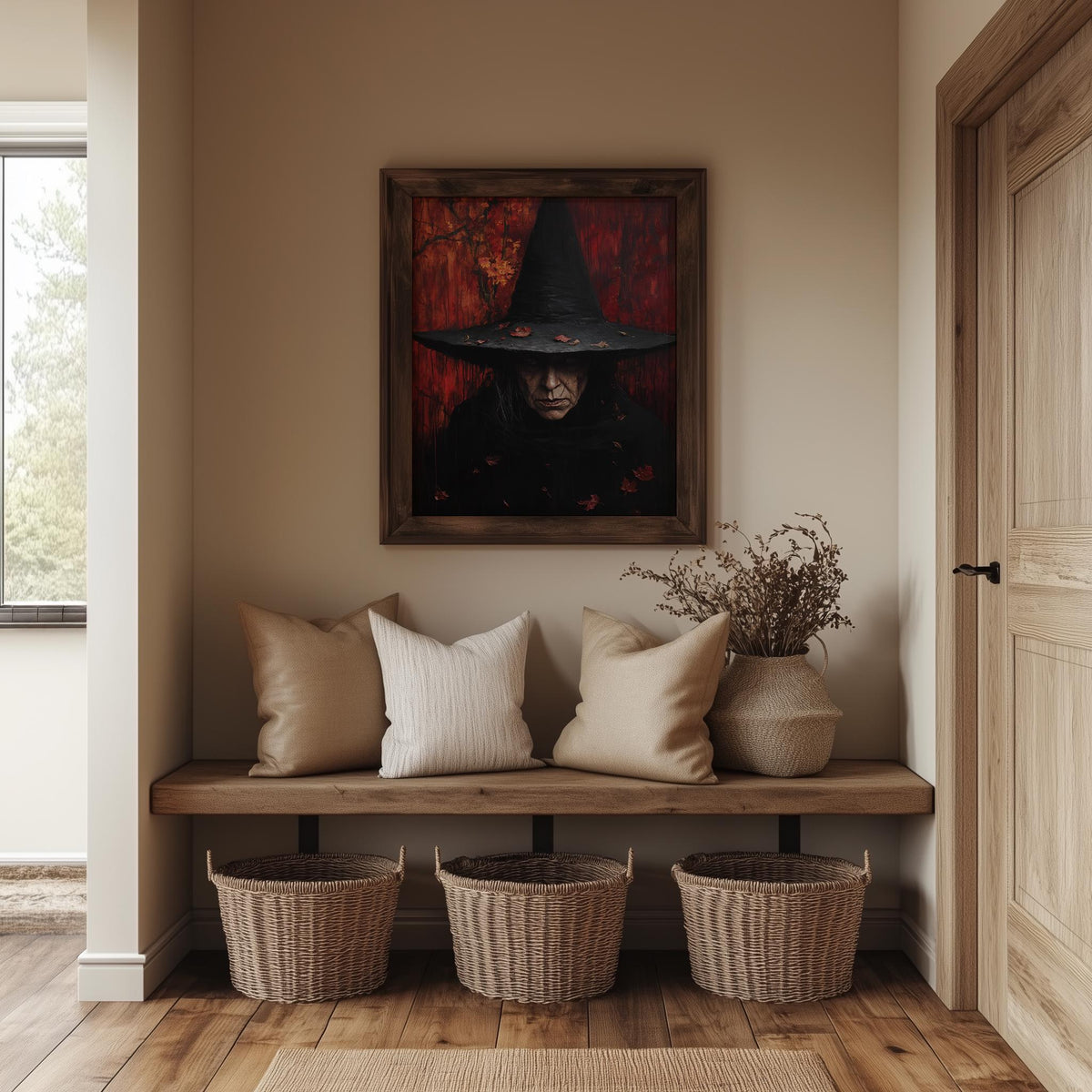 Gothic Witch Portrait Halloween art print shown in a room setting