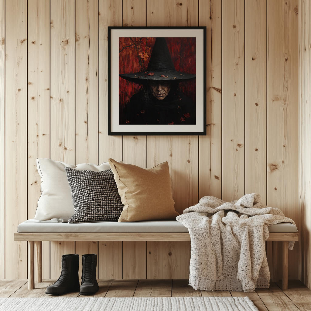 Gothic Witch Portrait Halloween art print shown in a room setting
