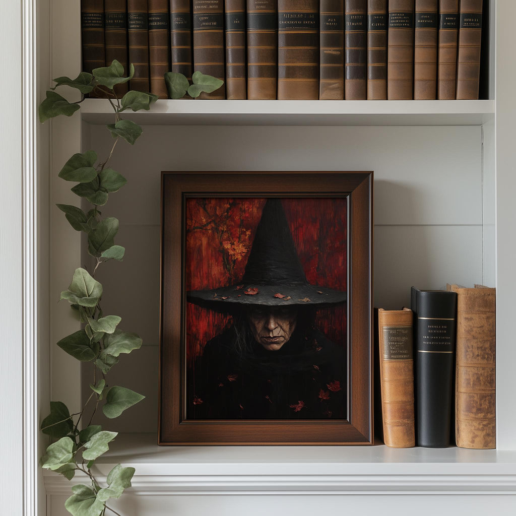 Gothic Witch Portrait Halloween art print shown in a room setting