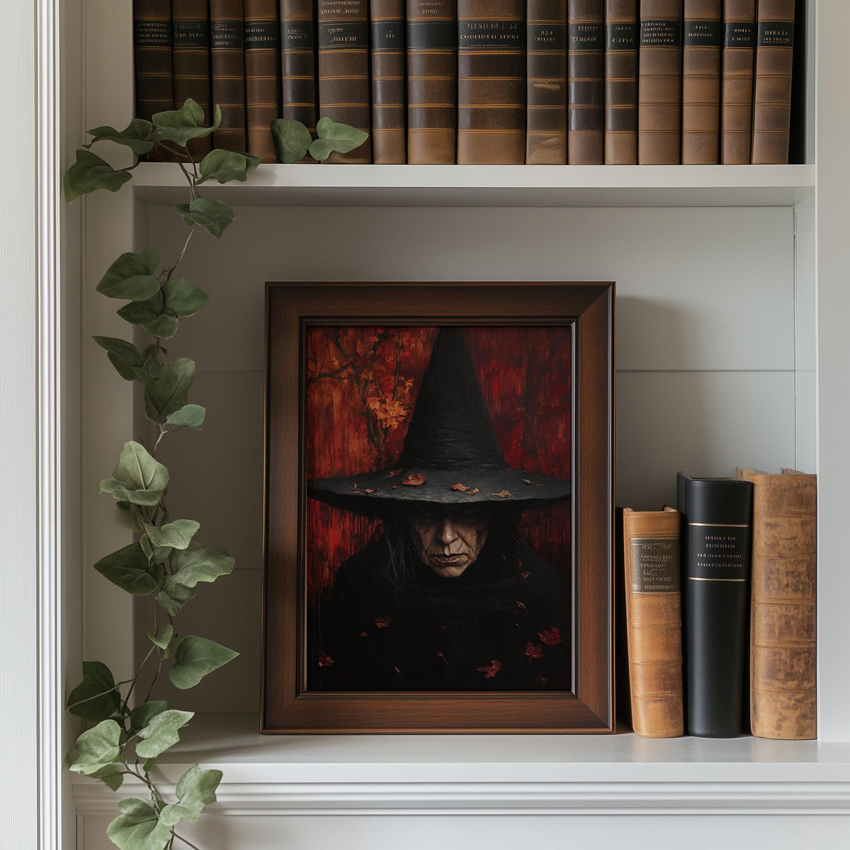 Gothic Witch Portrait Halloween art print shown in a room setting