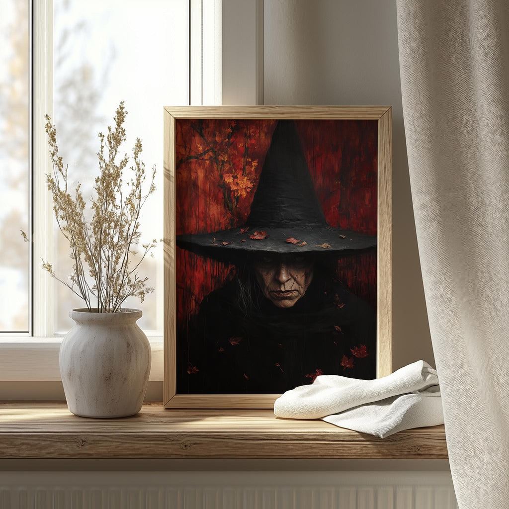Gothic Witch Portrait Halloween art print shown in a room setting