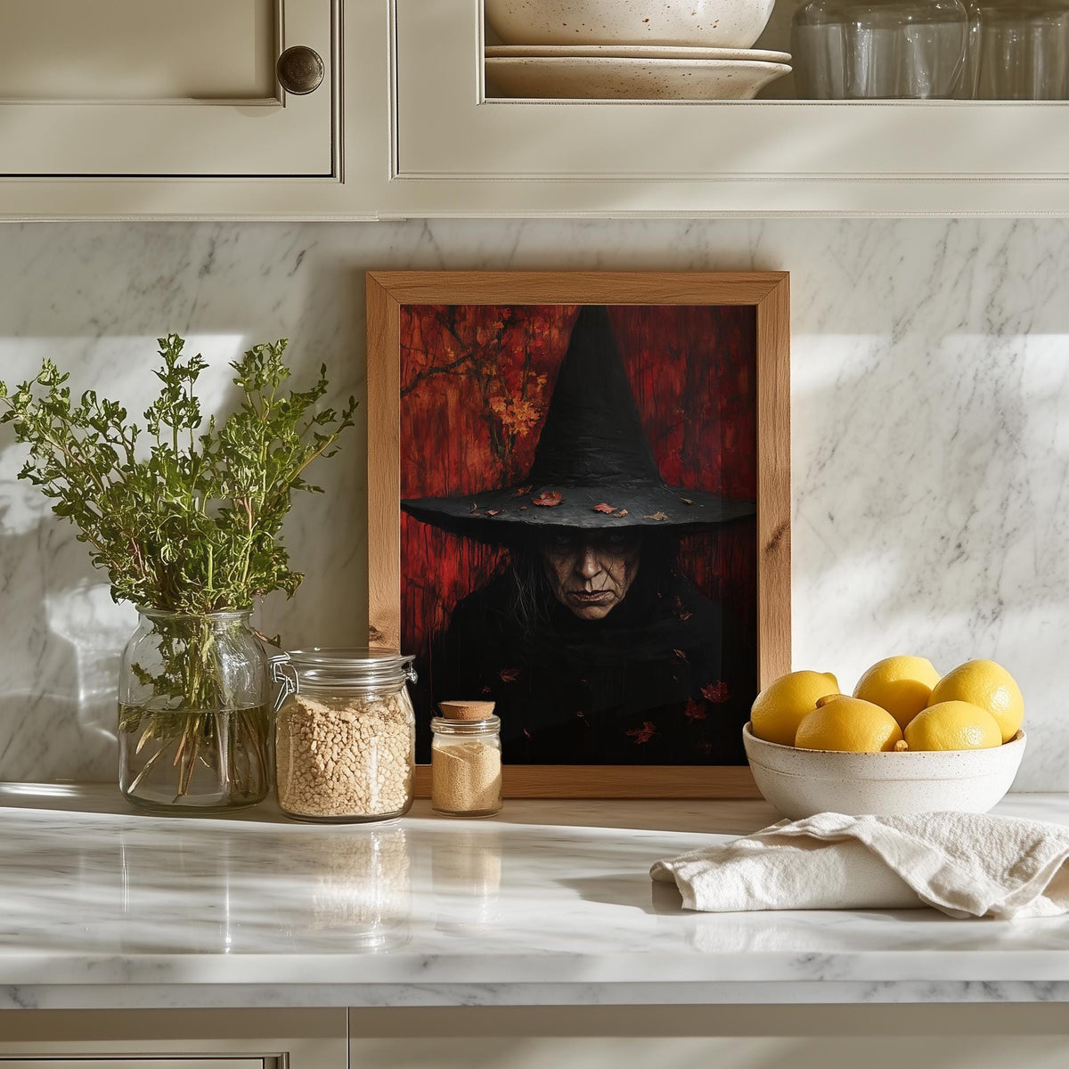 Gothic Witch Portrait Halloween art print shown in a room setting