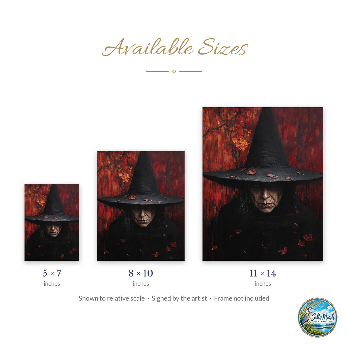 Gothic Witch Portrait art print size guide: 5x7, 8x10 and 11x14